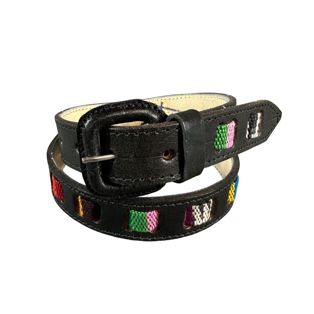 Vintage Black Leather Belt 26 Multi Color Woven Fabric Inlay Boho Southwestern